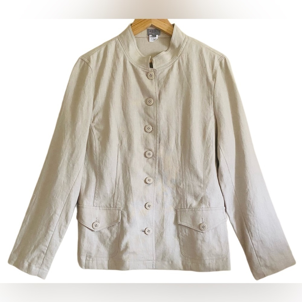 ADEC ROUGE LIGNE 100% Linen Preppy Mandarin Collar Button Down Jacket Sz 10/44